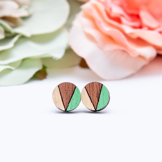 Hand Painted Wooden Dot Earrings, Green and Yellow Wood Circle Studs