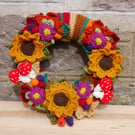 Crochet wreath, Autumn Harvest, Sunflowes, toadstools