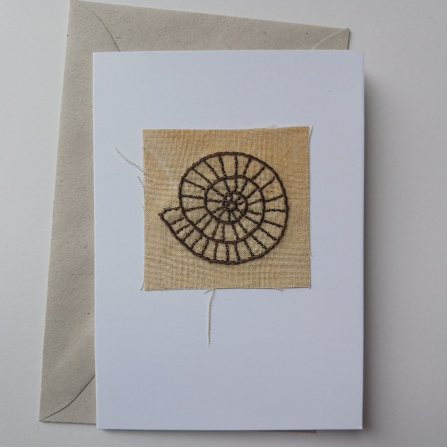 Ammonite Fossil Hand Stitched Textile Art Card