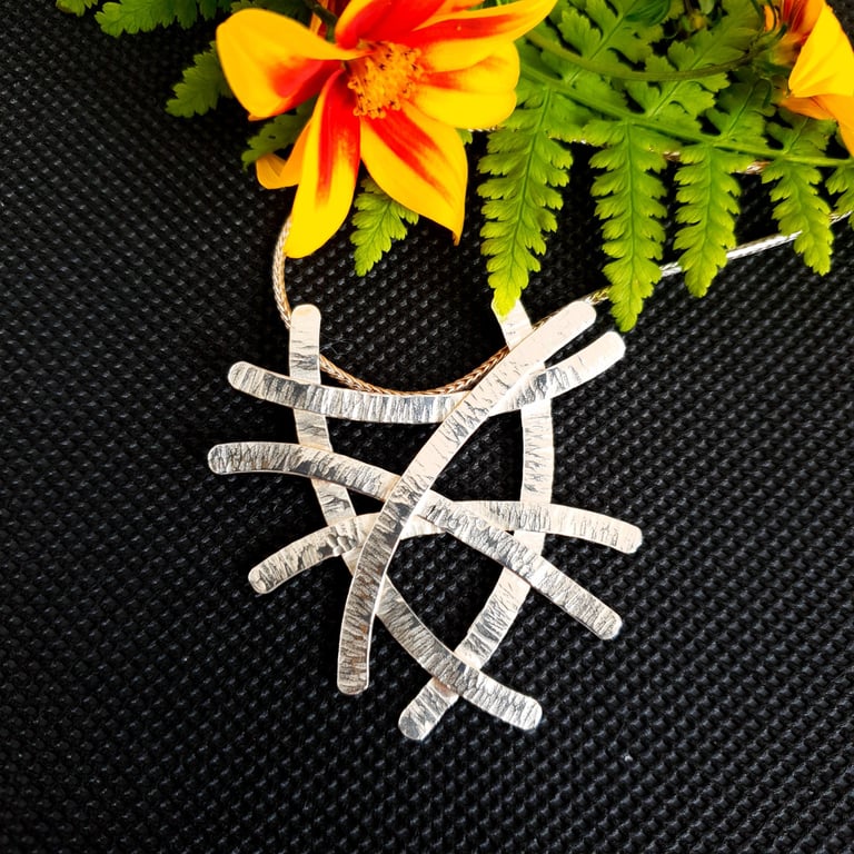 Contemporary Abstract Lines Sterling Silver Pendant Necklace Handmade