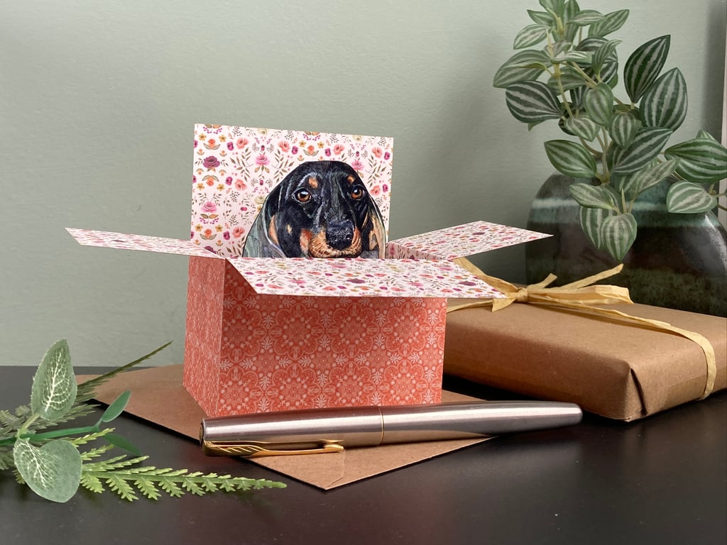 Dachshund Card. 3D Sausage dog box card, blank or personalised. Gift card holder