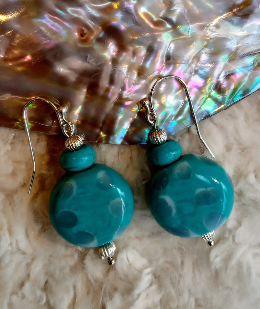 Handmade LAMPWORK turquoise coin beads & Turquoise gemstone donut EARRINGS