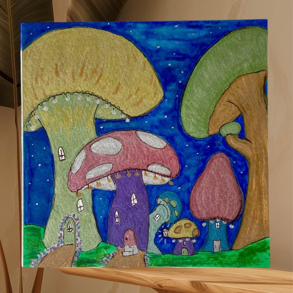 Fantasy Mushroom Village Card. Blank Greetings Card. 