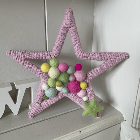 Pretty Marino wool ball filled nursery decor hanging star shape wall art 