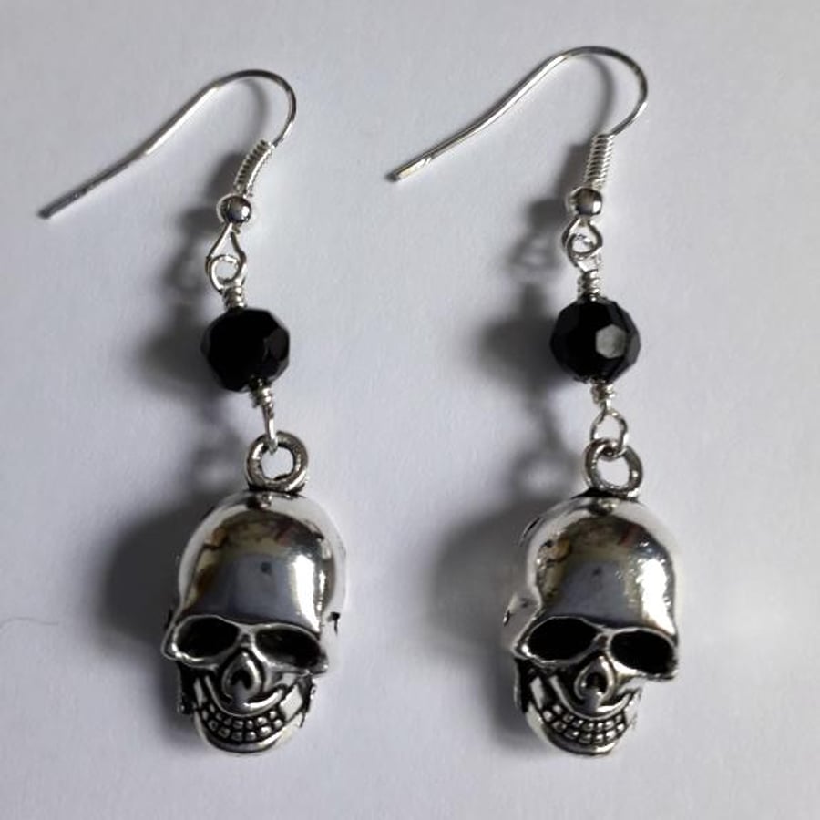 Halloween Skull & Black Glass Bead Earrings
