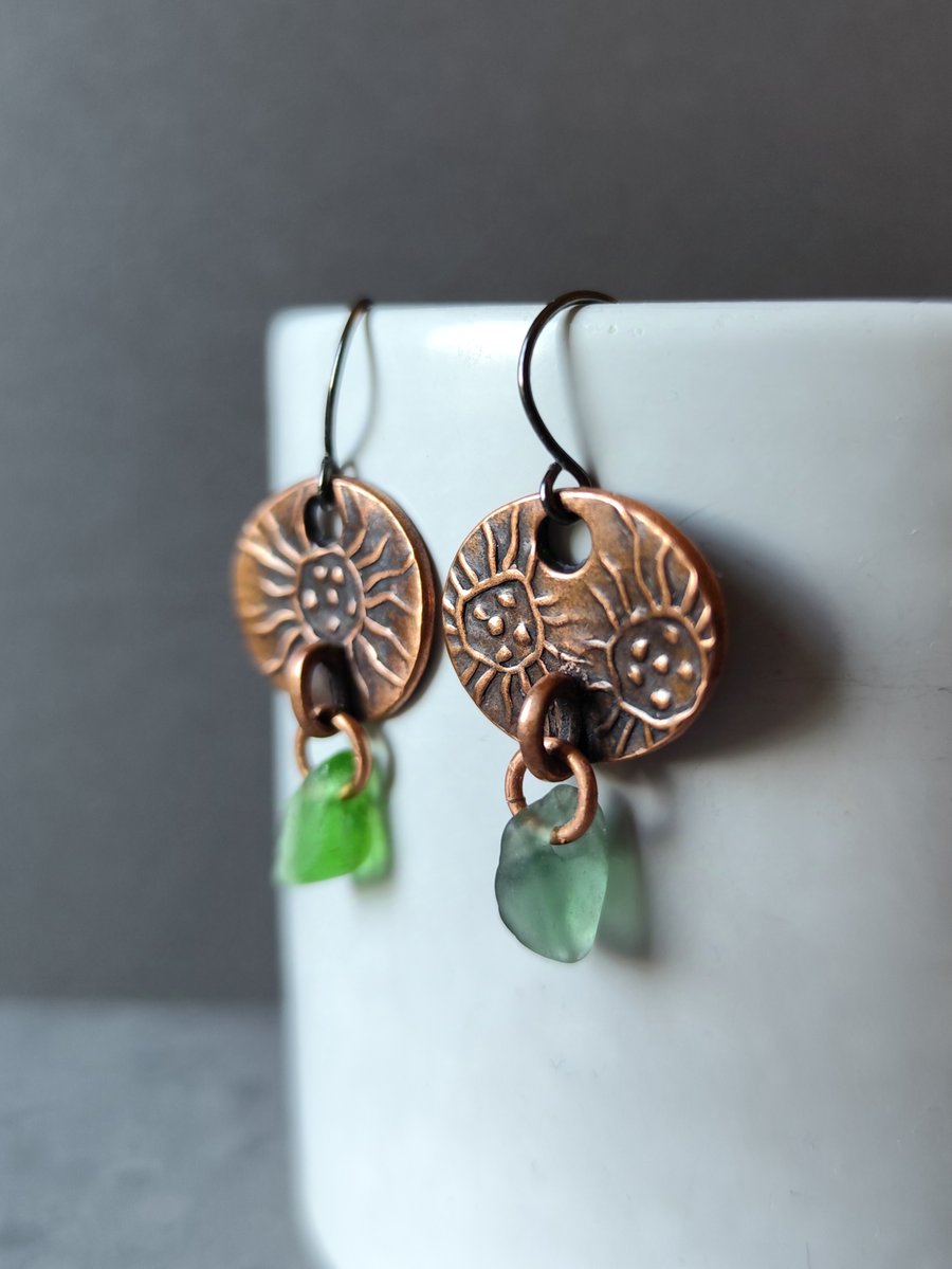 Round Copper and seaglass drop earrings, recycled material