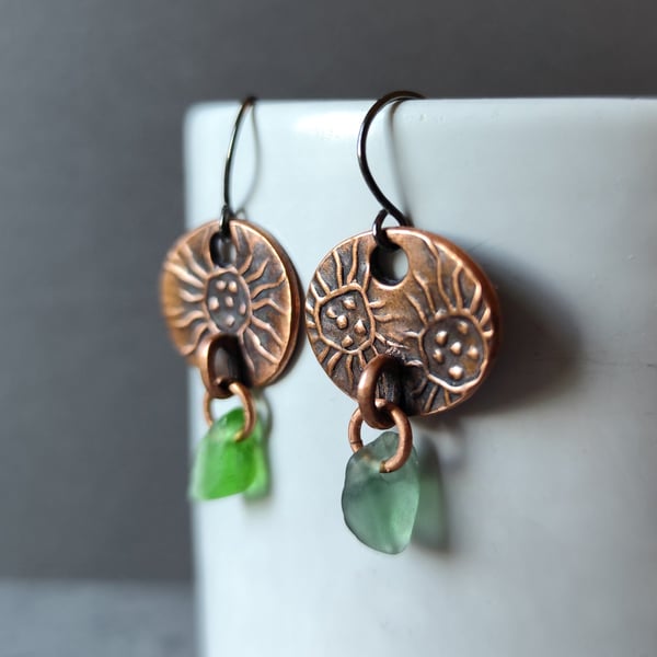 Round Copper and seaglass drop earrings, recycled material