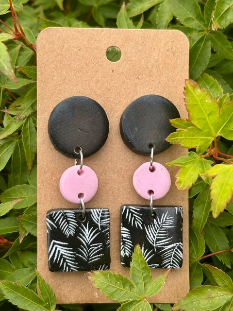 Bespoke Handmade Black and Pink Fern Drop Earrings