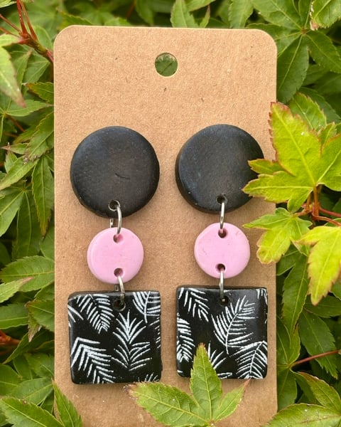 Bespoke Handmade Black and Pink Fern Drop Earrings