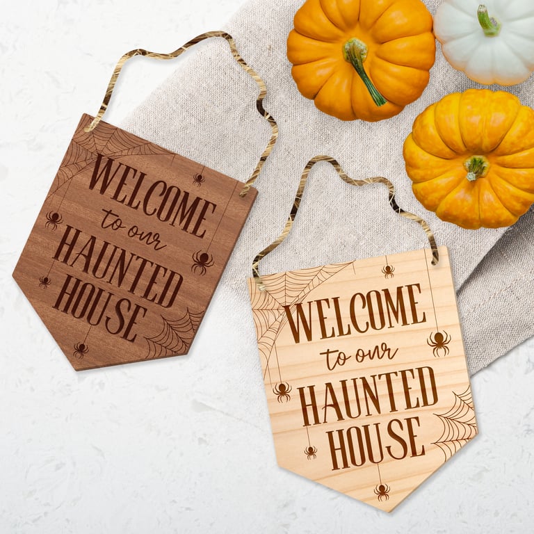 Welcome To Our Haunted House - Spider Front Door Halloween Sign, Wooden Sign