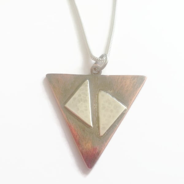 Copper & Sterling Silver Triangle Geometric Pendant Necklace Chain Oxidised