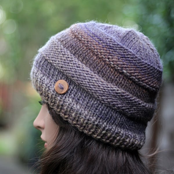 Beanie hat knitted womens, purple and brown, gift guide for her