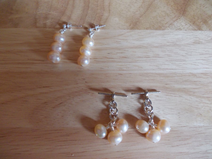 Matching peach pearl earrings and cufflinks set