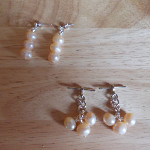 Matching peach pearl earrings and cufflinks set