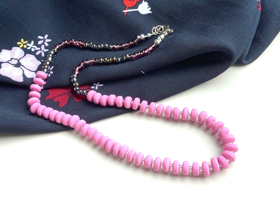 Polymer clay bead necklaces, single strand, dainty pastel pink lilac