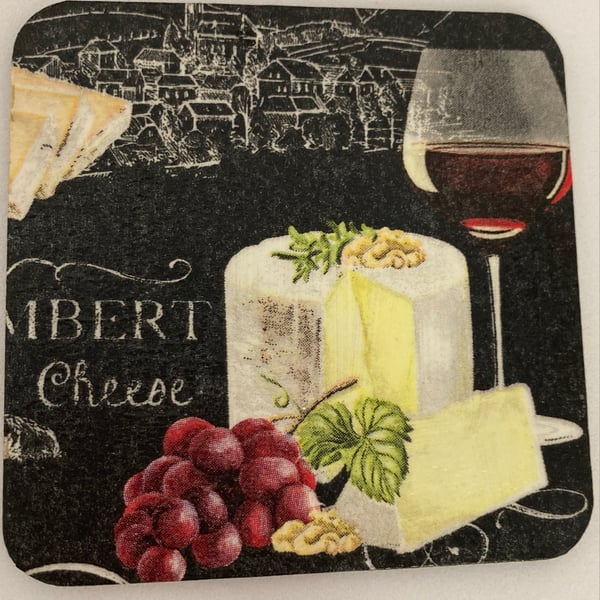 Decoupaged 4 wooden coasters cheese or dark coffee themes
