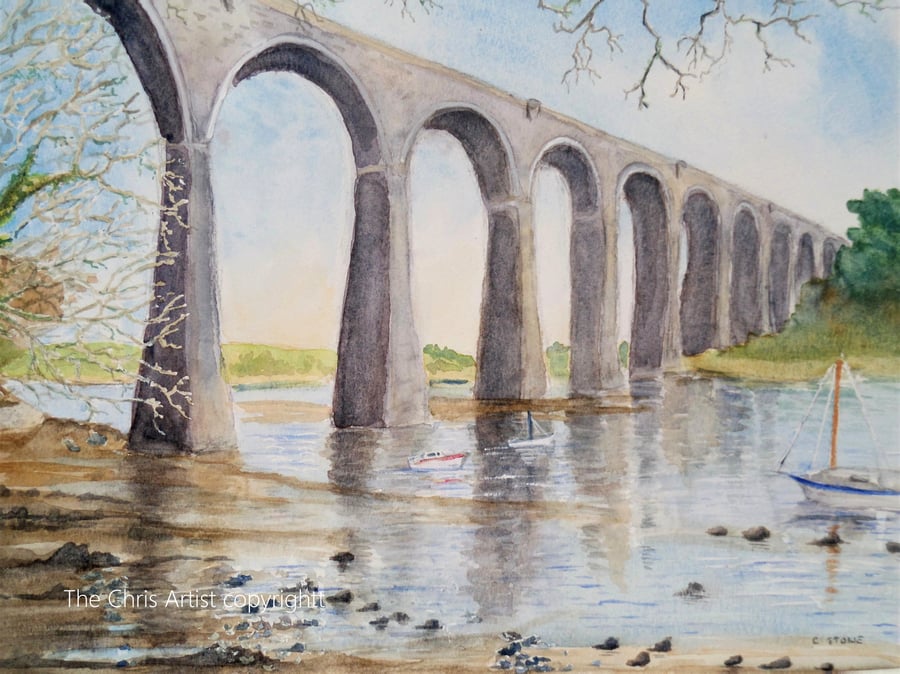 St. Germans railway viaduct River Lyner Cornwall original watercolour painting