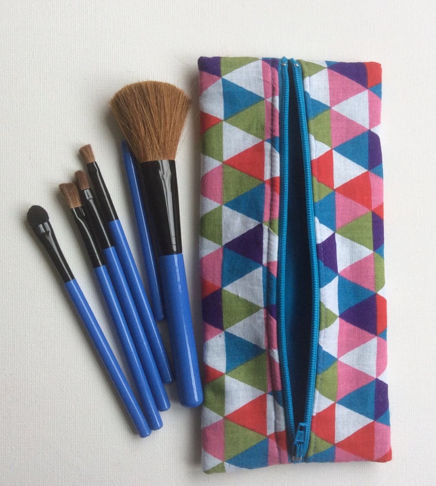 Make up bag, make up brush case, mosaic  triangles, turquoise lining