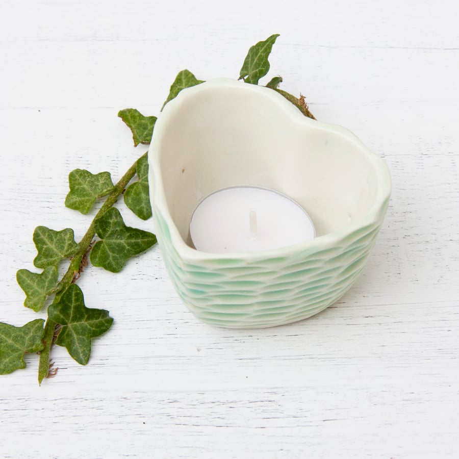 Heart porcelain tealight holder - pale green - MADE TO ORDER