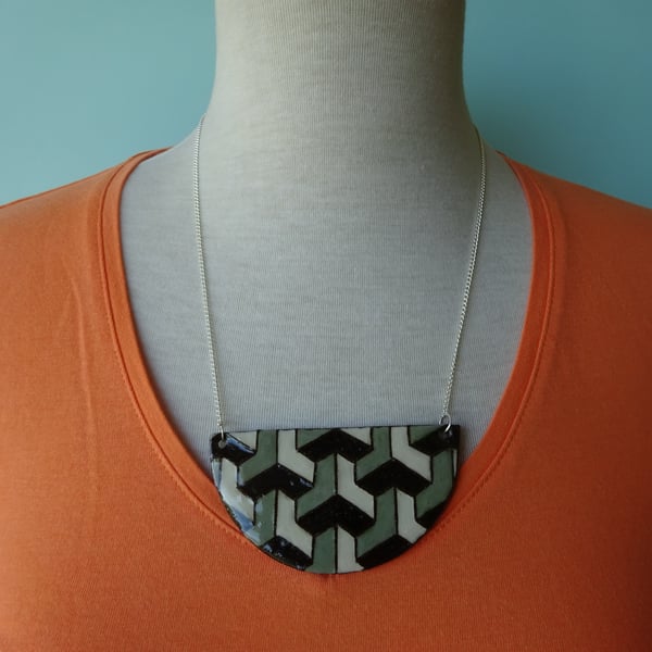 Large grey green necklace with geometric pattern ceramic bib necklace 