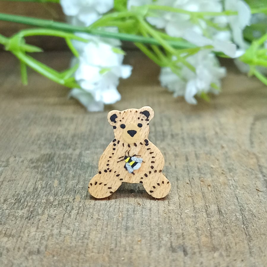 Bee Gift, Handmade Tiny Teddy Bear and Bumblebee Brooch Pin, Miniature Bee