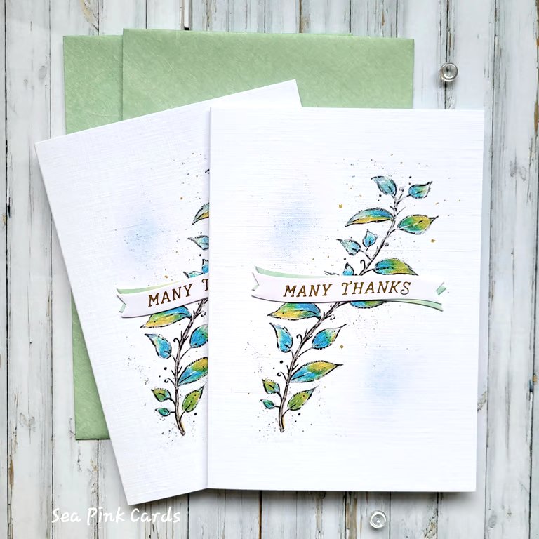 Thank You Cards Set - 2 cards, original art, twig and leaves, blue and green 