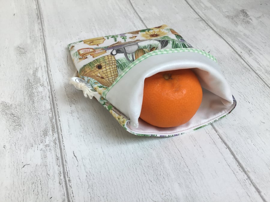 Large snack bag in flowers and bees design. Reusable and eco-friendly