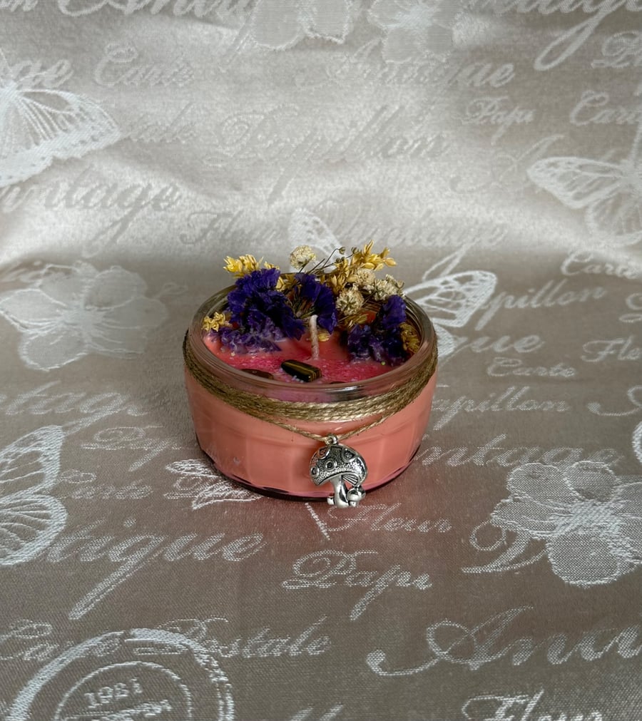 Fairy Garden Crystal Candle – Cottagecore Mushroom Candle – Handmade Floral 