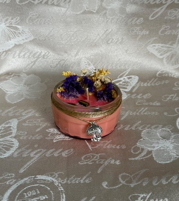 Fairy Garden Crystal Candle – Cottagecore Mushroom Candle – Handmade Floral 