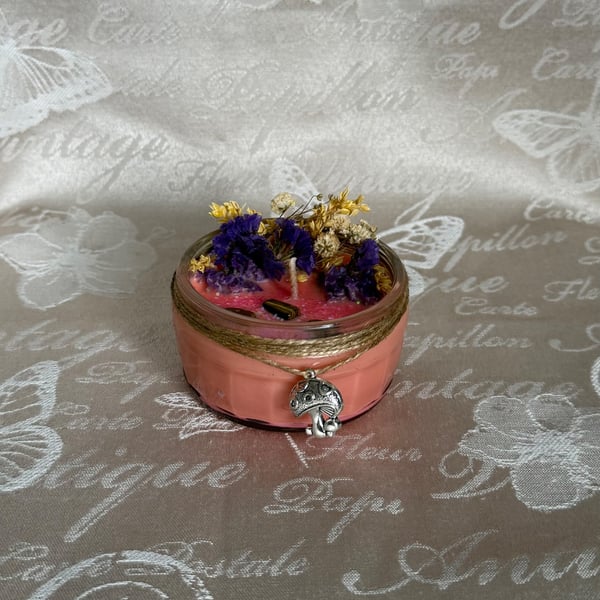 Fairy Garden Crystal Candle – Cottagecore Mushroom Candle – Handmade Floral 