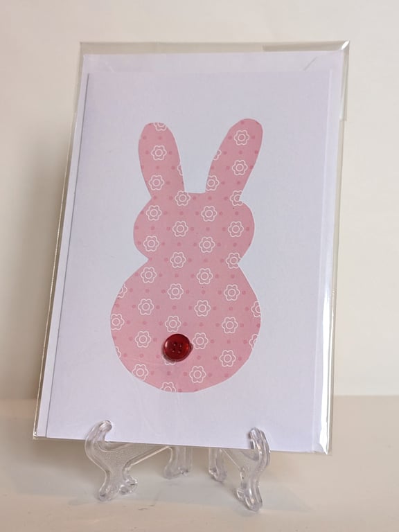 Handmade pink rabbit button greetings card 