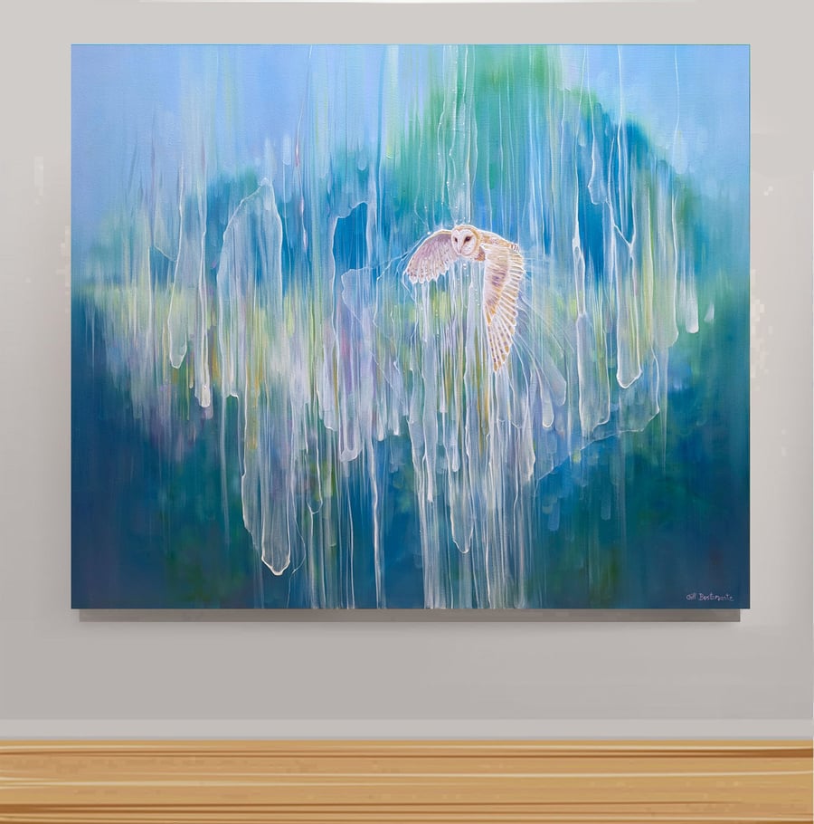 The Owls Symphony is a semi-abstract, art nouveau, magical realism owl painting