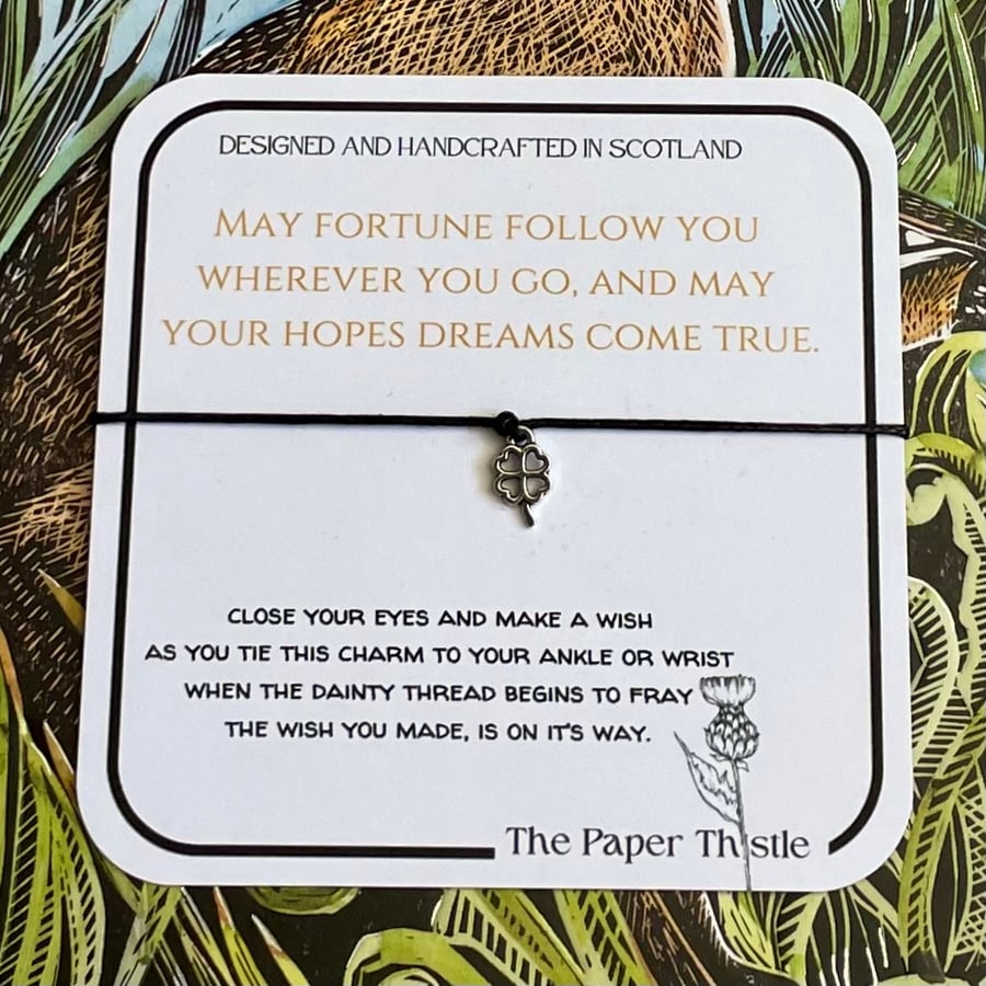 Lucky Clover, good luck clover, clover Charm Wish Strings -personalised