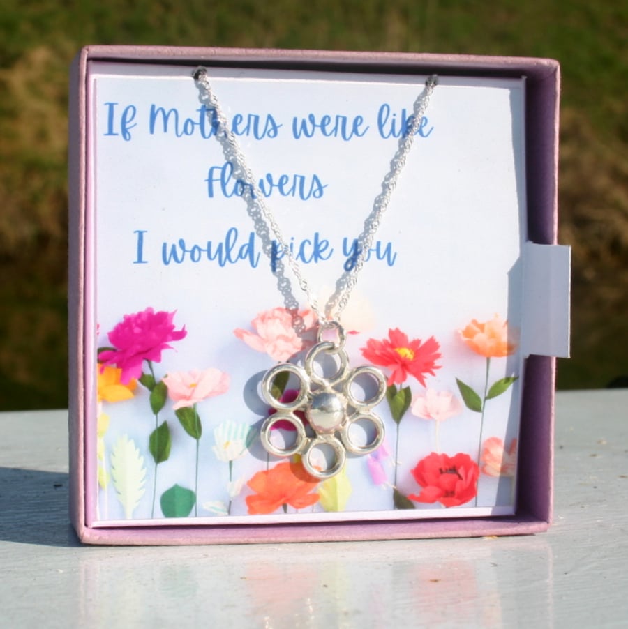 Mothers day Gift & card in a box with Sterling silver flower necklace