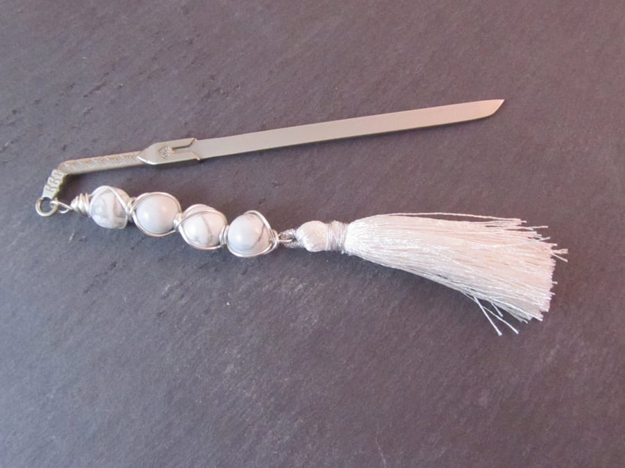 White Howlite Sword Bookmark, Wire Wrapped Metal Bookmark