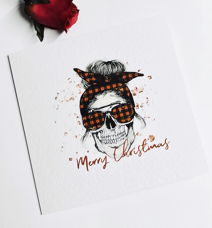 Mum life messy bun skull Christmas card
