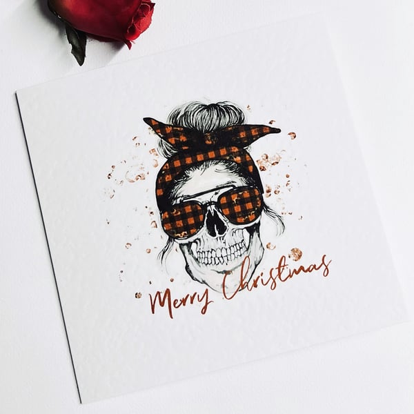 Mum life messy bun skull Christmas card