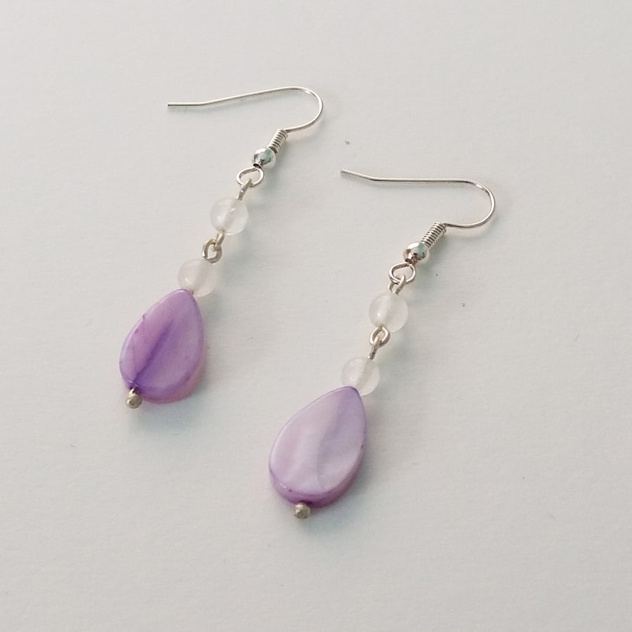 Small Shell Drops and Quartzite Earrings - Purple and White