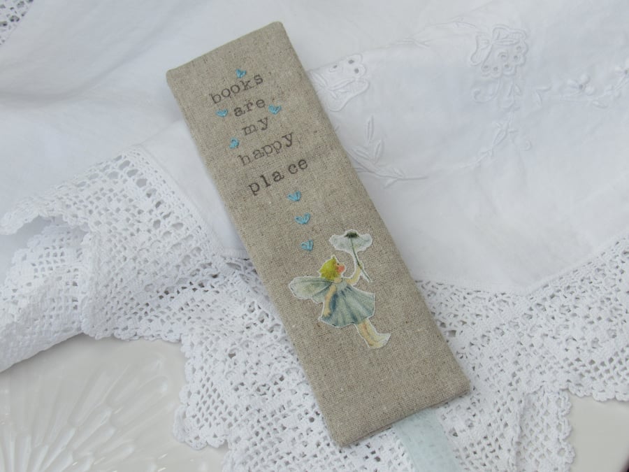 Whimsical, Embroidered Linen Fairy Bookmark