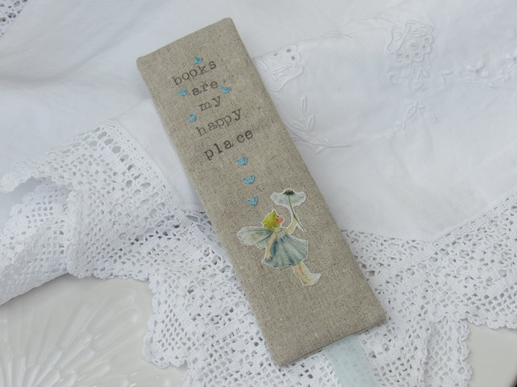 Whimsical, Embroidered Linen Fairy Bookmark