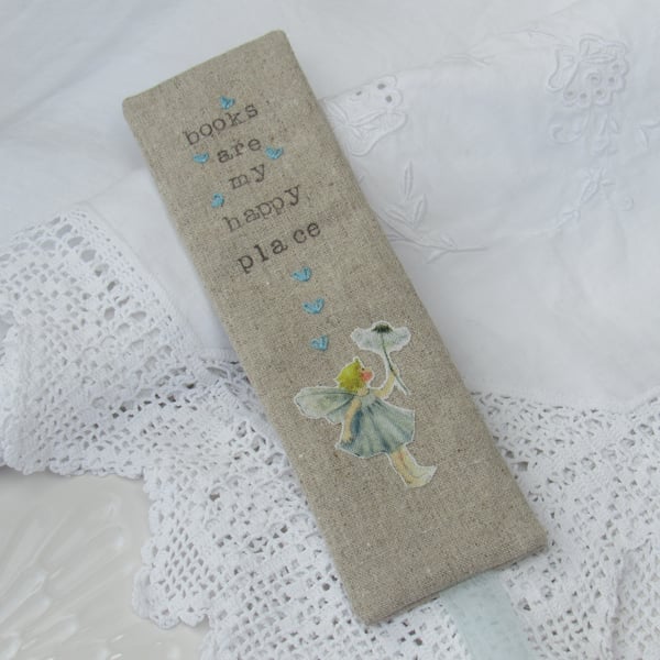 Whimsical, Embroidered Linen Fairy Bookmark