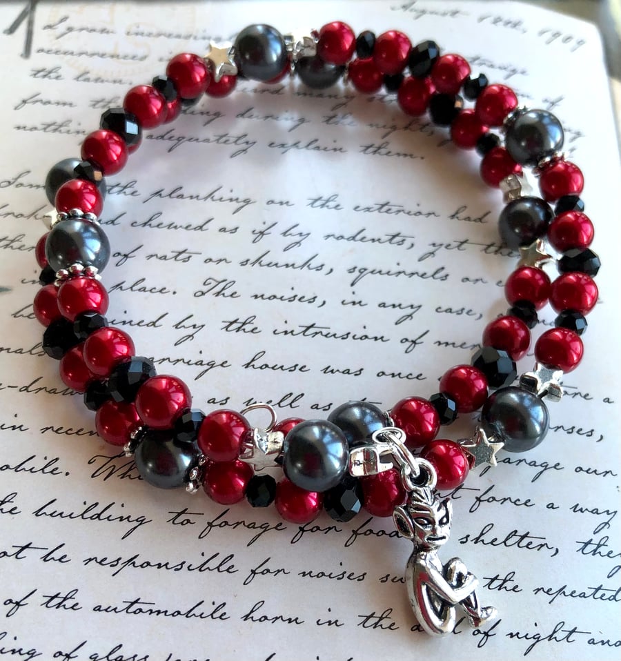 Lucky Cornish Pixie Red and Black Pearl Beaded Wrap Bracelet
