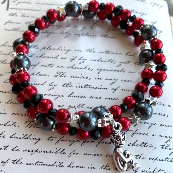 Lucky Cornish Pixie Red and Black Pearl Beaded Wrap Bracelet