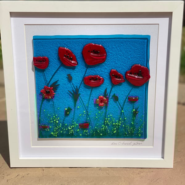 Poppies- fused glass framed art (made to order) 