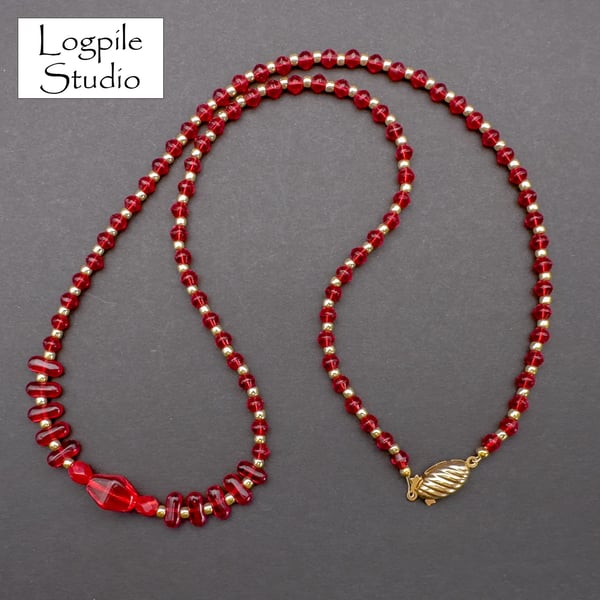 Necklace Red and Gold Beads
