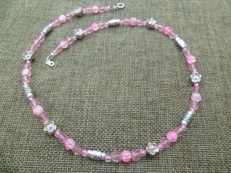Pink & Silver Flowers Necklace