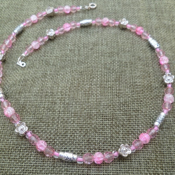 Pink & Silver Flowers Necklace
