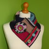 Neck Warmer Scarf with 3 button Trim. Upcycled Cowl. Felt Flower. Stripes.