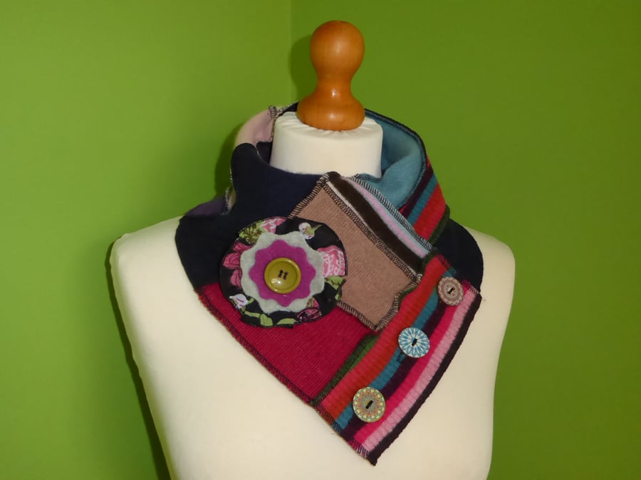 Neck Warmer Scarf with 3 button Trim. Upcycled Cowl. Felt Flower. Stripes.