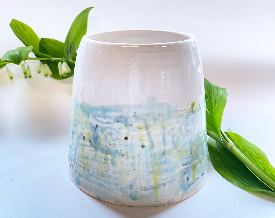 Ceramic wheel thrown pot -hand glazed in teal, turquoise blues and greens. Made 